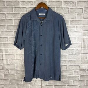 Tommy Bahama Mens Medium Blue Silk Embroidered Floral Camp Shirt Short Sleeve